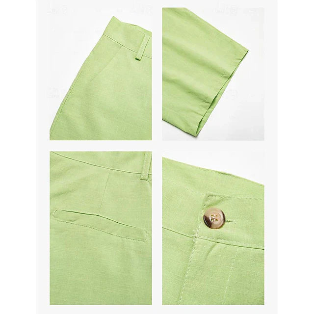 Winston linnen shorts, bruin, close-up van de zakken en knoopsluiting, functioneel ontwerp.