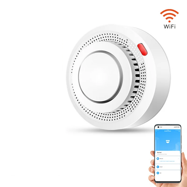 Gedetailleerde weergave van de Slimme WiFi rookmelder, strak design, klaar voor installatie in huis.