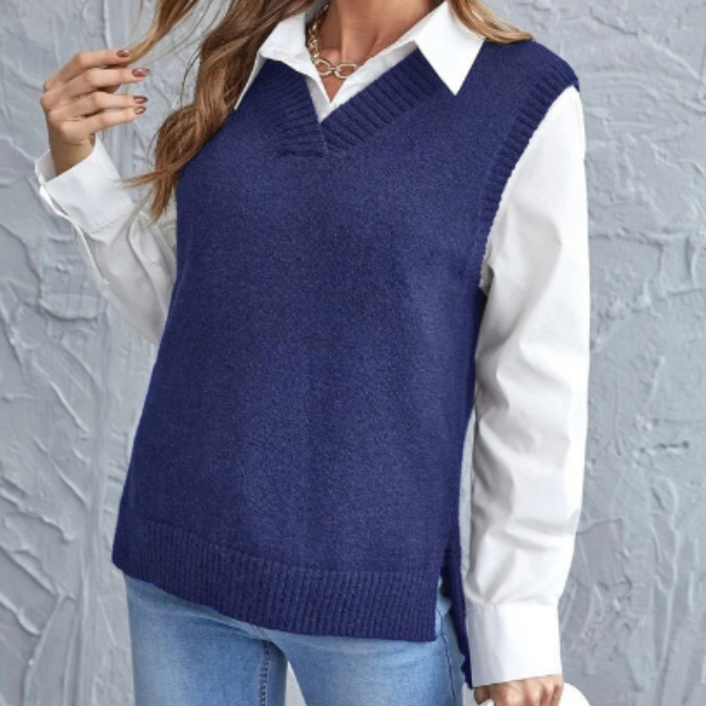 Comfortabele Faye damesspencer. Zacht gebreid met stijlvolle V-hals, ideaal als mouwloze pullover voor dames.