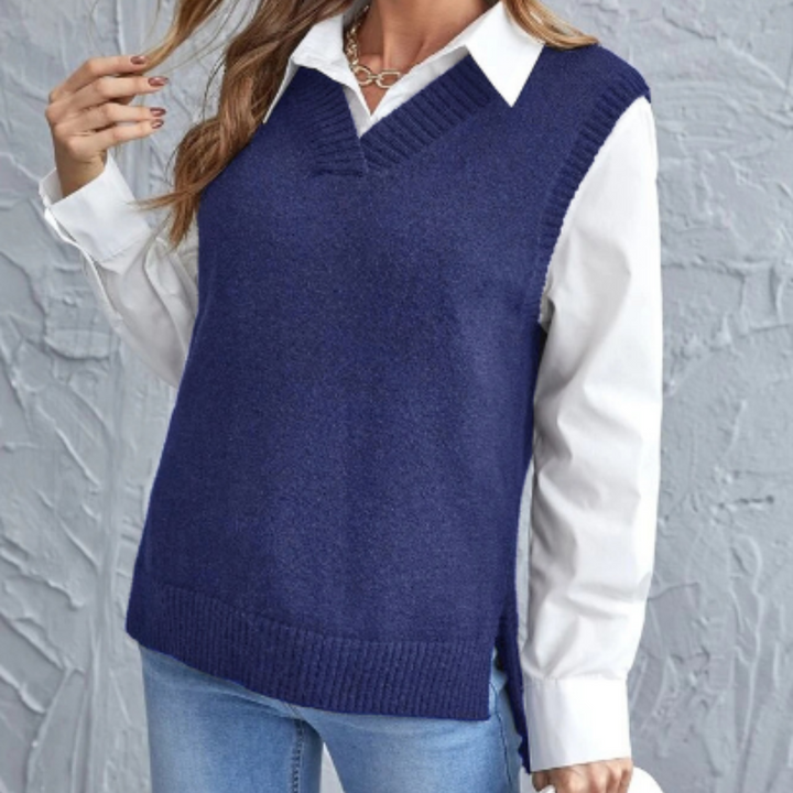 Comfortabele Faye damesspencer. Zacht gebreid met stijlvolle V-hals, ideaal als mouwloze pullover voor dames.