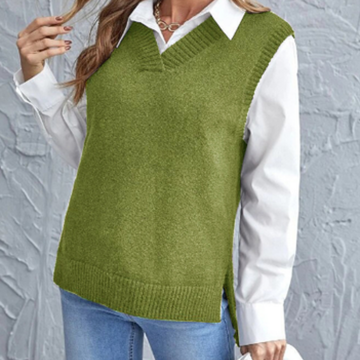 Veelzijdige gebreide damesspencer met V-hals. Mouwloze pullover voor een comfortabele en modieuze lagenlook.