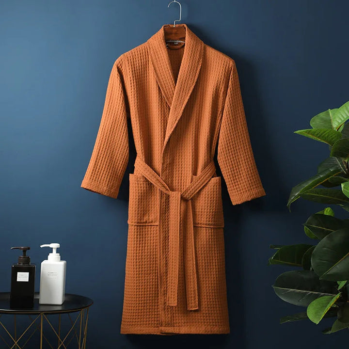 Stijlvolle unisex katoenen badjas Robin in diverse kleuren, voor huis, sauna of spa.