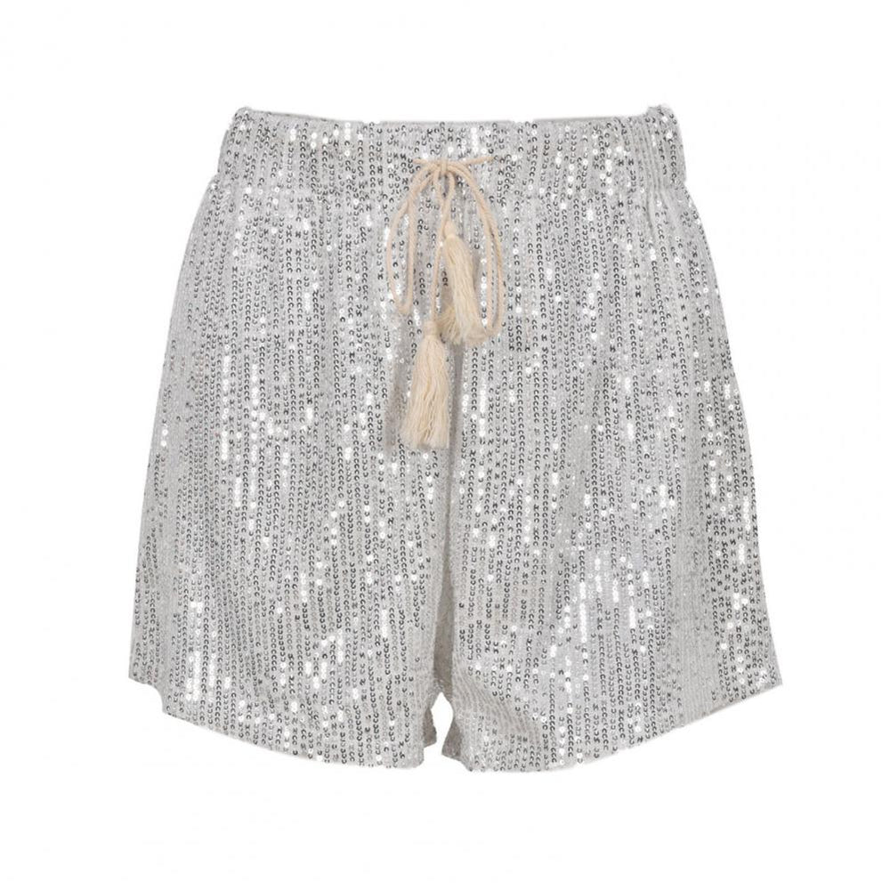 Dames glitterbroek in zilver, met glamoureuze glinstering. Stijlvol en comfortabel, ideaal voor een feestje.