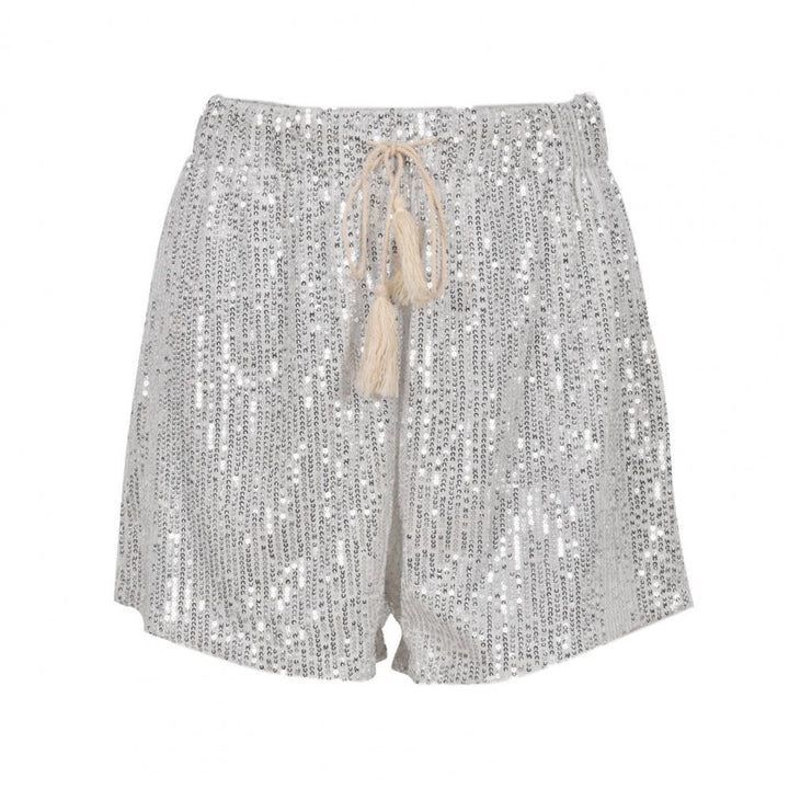 Dames glitterbroek in zilver, met glamoureuze glinstering. Stijlvol en comfortabel, ideaal voor een feestje.