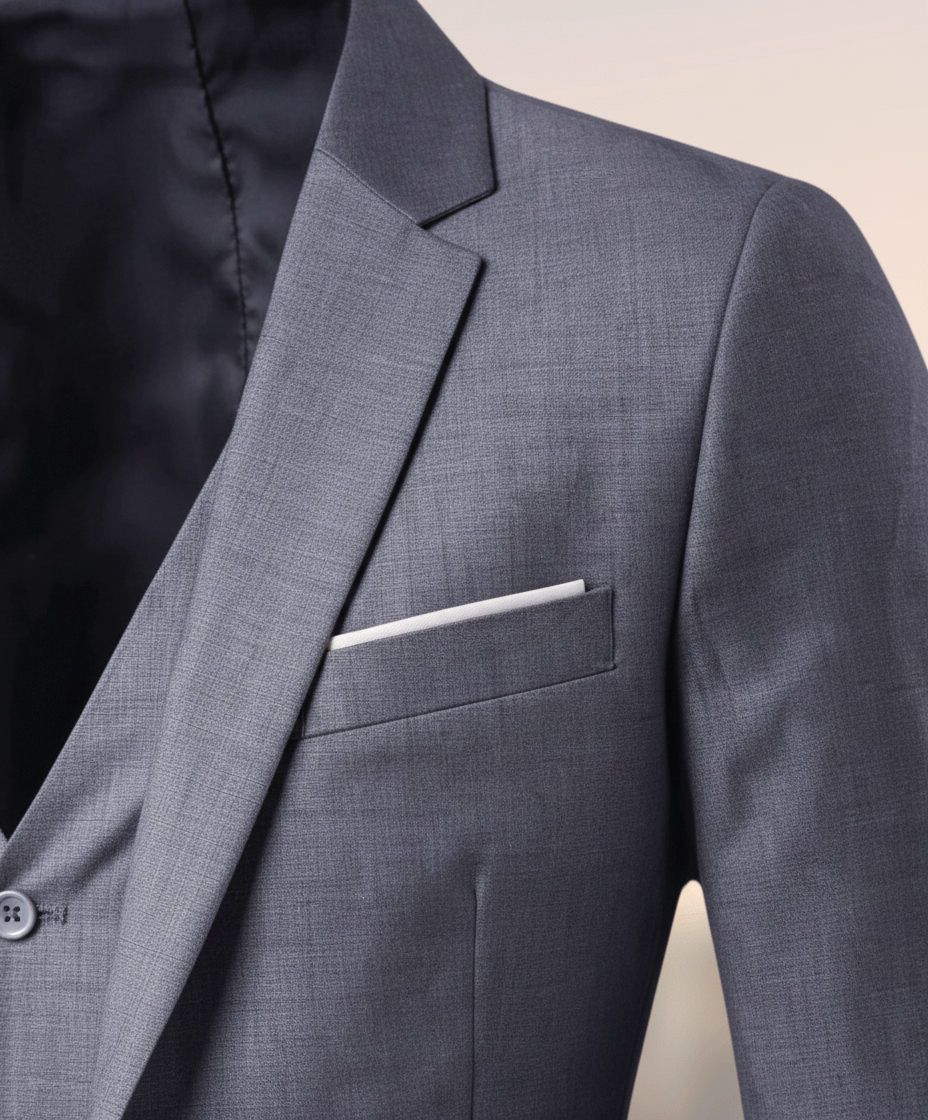 Gedetailleerd close-up van het elegante driedelige pak, toont stof en knopen.