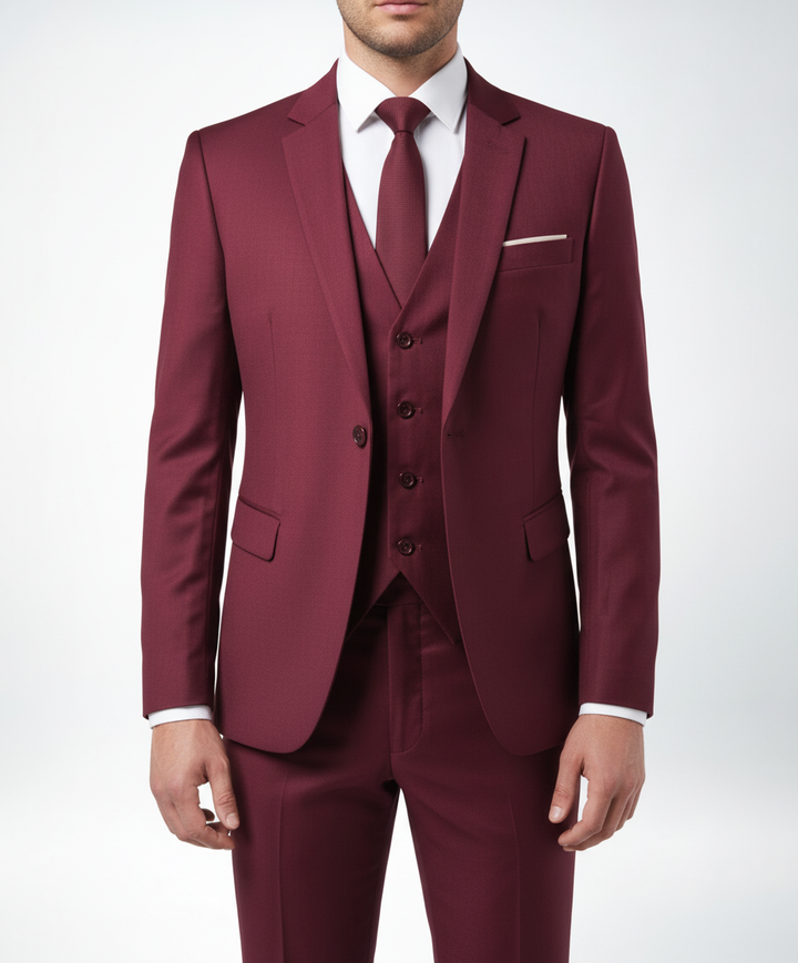 Model toont driedelig herenpak Frederik, perfect gesneden voor een slanke pasvorm.