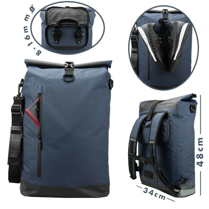 Donkerblauwe MultiBag fietstas, waterdichte reistas voor e-bike, ruim en duurzaam.