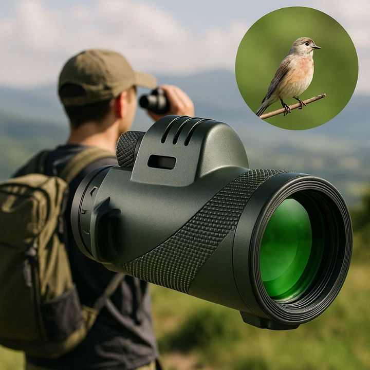 Zwarte 600x ultra-zoom monoculaire met HD lens, lichtgewicht en compact voor outdoor gebruik.