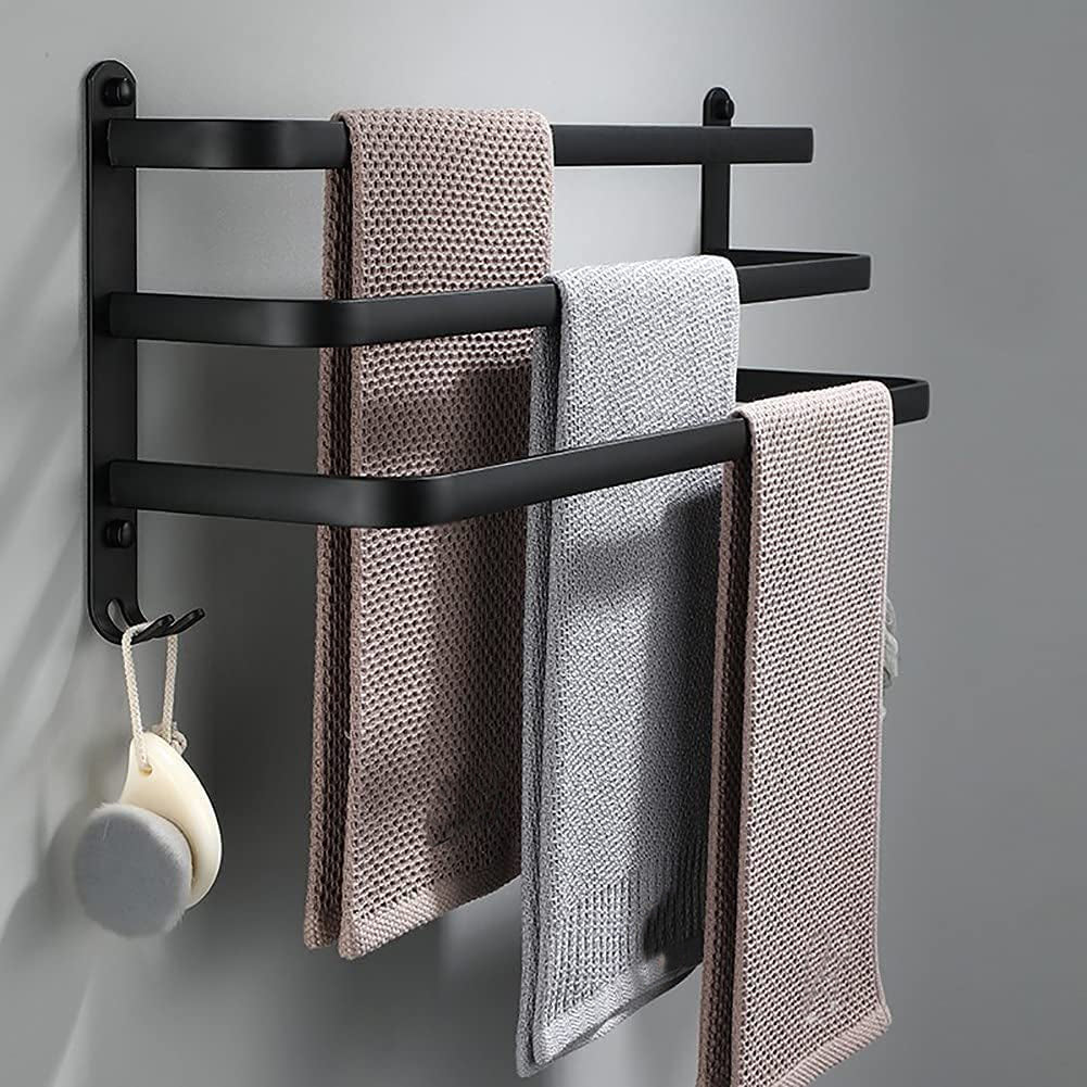 Zwarte aluminium badkamer handdoekhouder met haken, ruimtebesparend design.