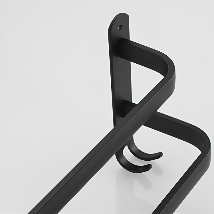 Duurzame zwarte handdoekhouder van aluminium, met haken, een must-have badkamer accessoire.