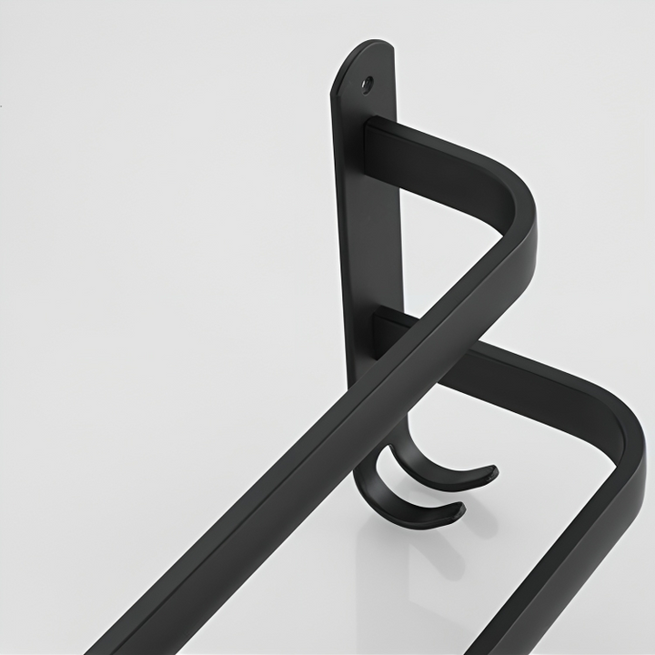 Duurzame zwarte handdoekhouder van aluminium, met haken, een must-have badkamer accessoire.