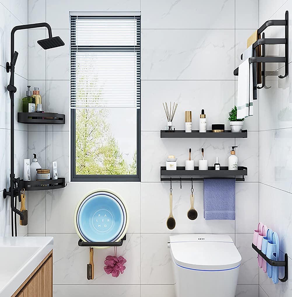 Design handdoekhouder zonder boren, zwart aluminium, ideaal voor badkamer handdoeken.