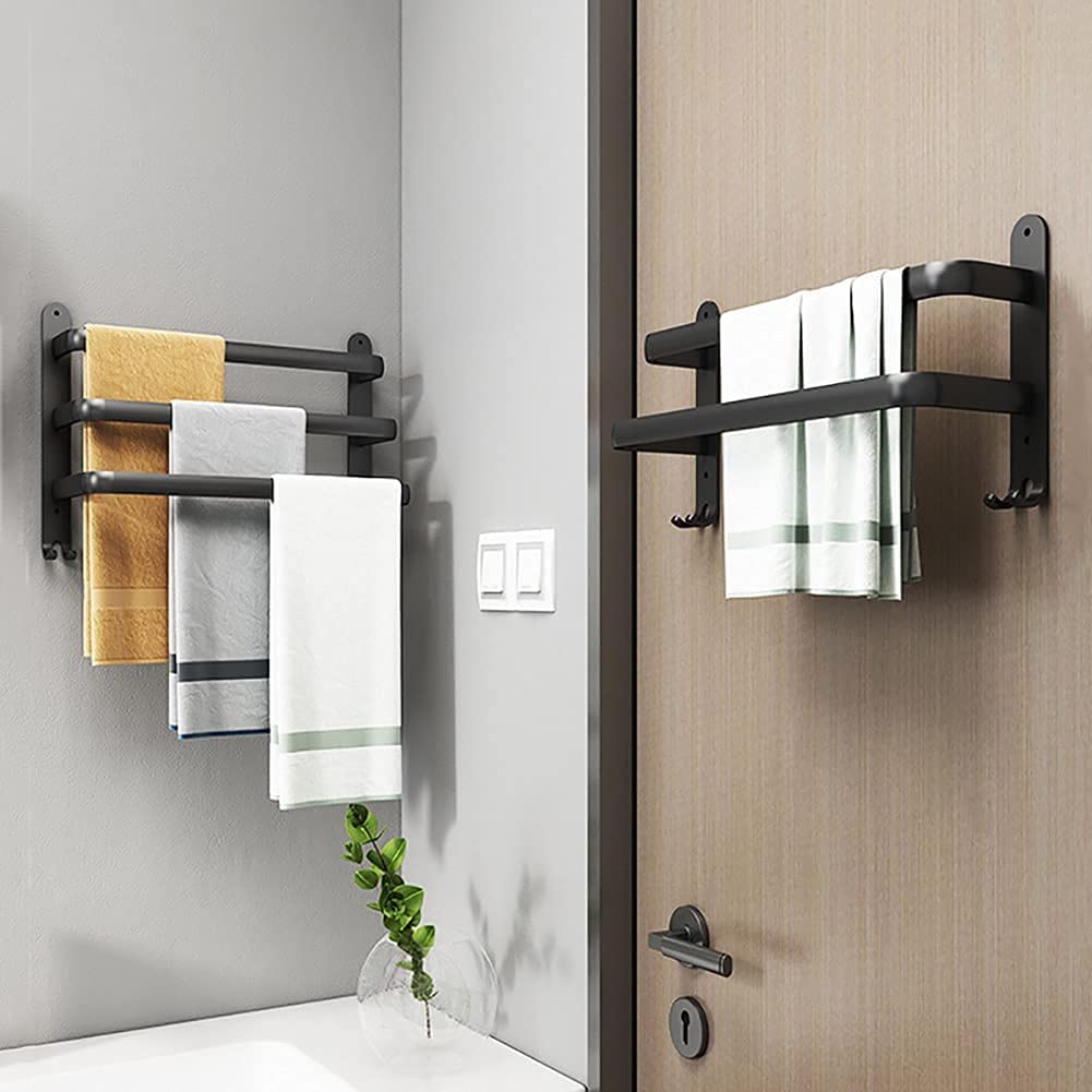 Compacte badkamer handdoekhouder van zwart metaal, makkelijk te monteren zonder boren.