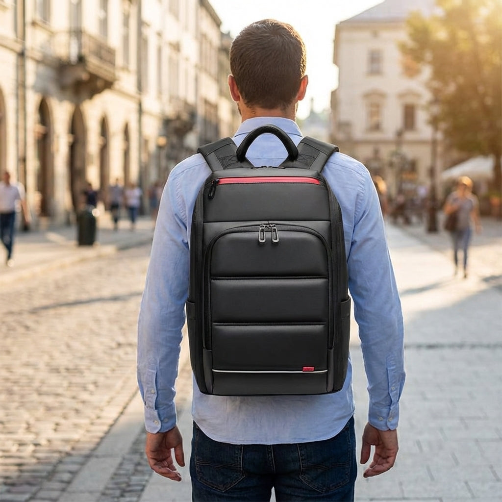 Zwarte anti-diefstal laptoprugzak met USB-oplaadpoort, ideaal voor werk, school en reizen.