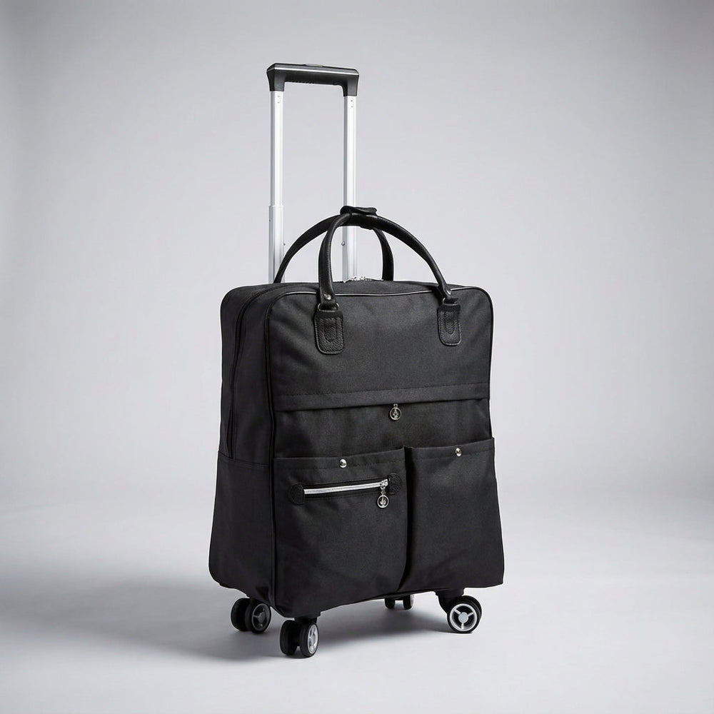 Compacte zwarte handbagage koffer met soepele 360° wielen voor moeiteloos reizen; perfect voor korte trips.