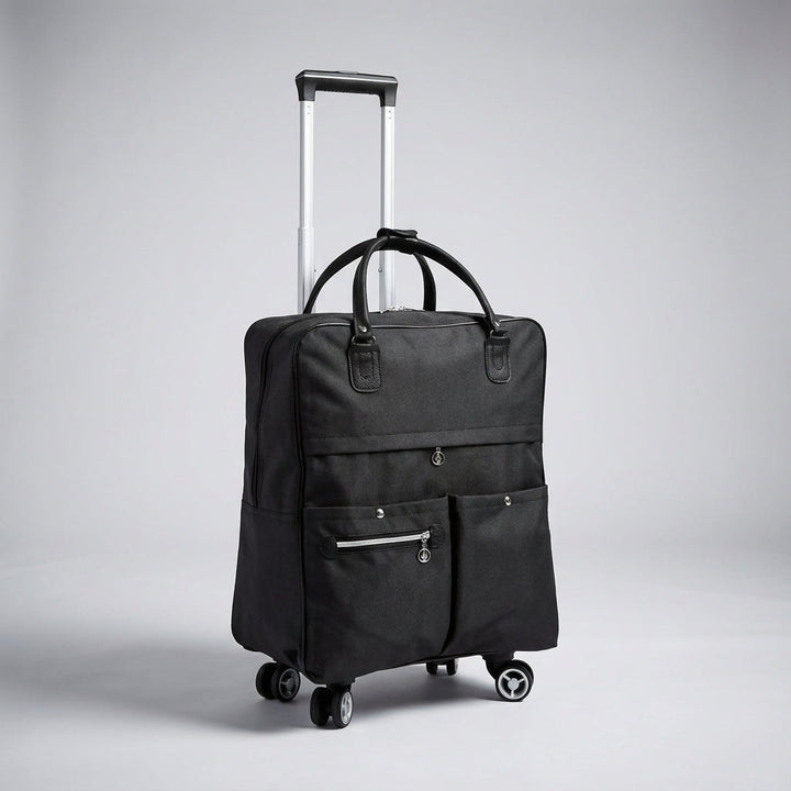 Compacte zwarte handbagage koffer met soepele 360° wielen voor moeiteloos reizen; perfect voor korte trips.