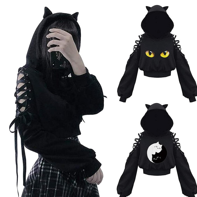 Zwarte dames hoodie met schattige kattenoren; comfortabel & trendy casual dameskleding.