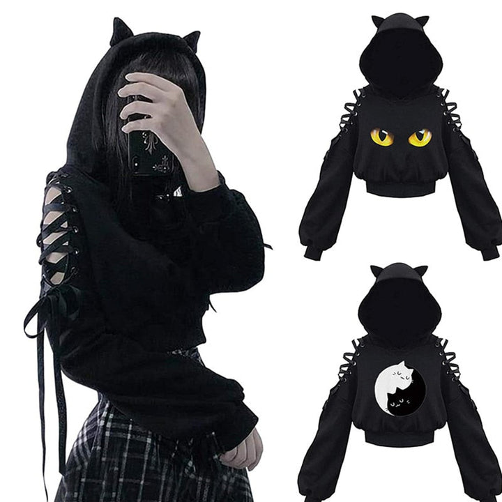 Zwarte dames hoodie met schattige kattenoren; comfortabel & trendy casual dameskleding.