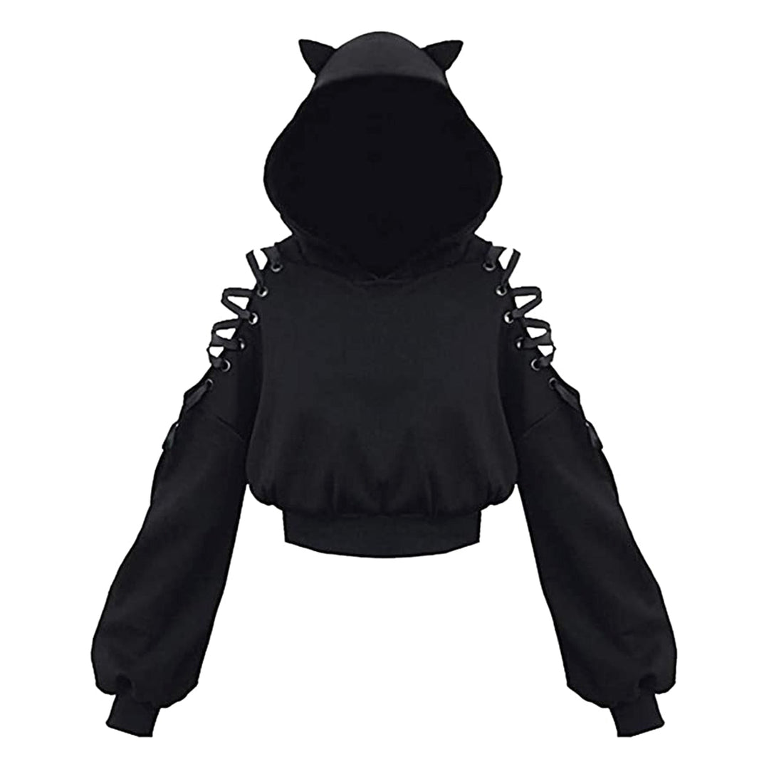 Comfortabele zwarte dames hoodie met speelse kattenoren aan de achterkant; trendy dameskleding.