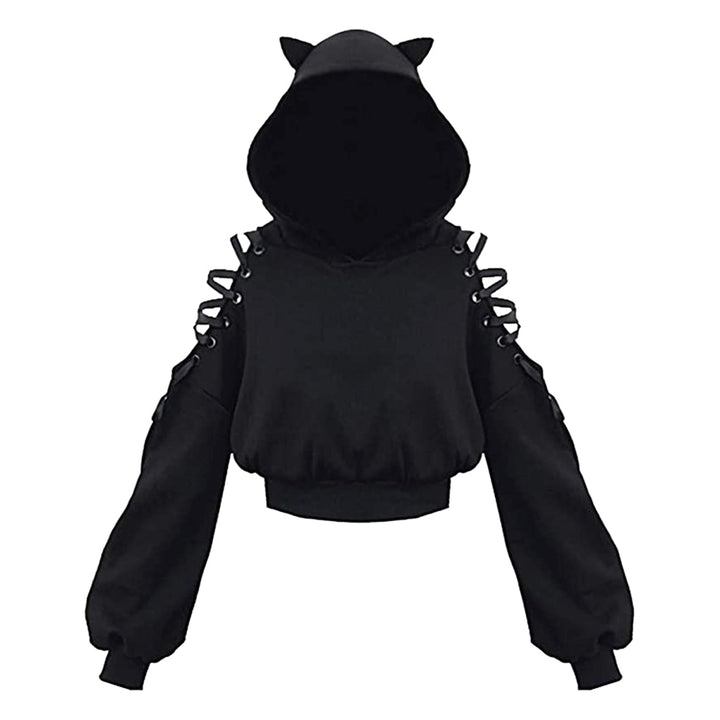 Comfortabele zwarte dames hoodie met speelse kattenoren aan de achterkant; trendy dameskleding.