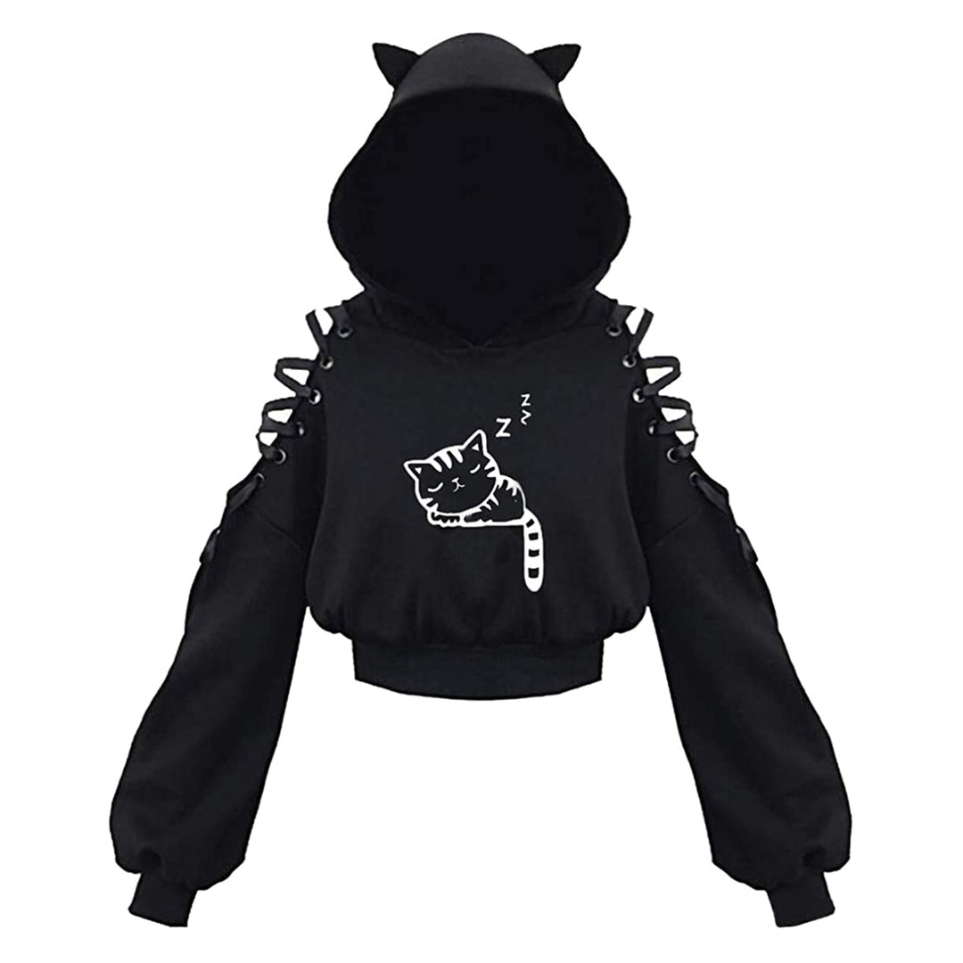 Zwarte CatHoodie™ voor dames, zacht en comfortabel materiaal; ideale casual trui met kattenoren.