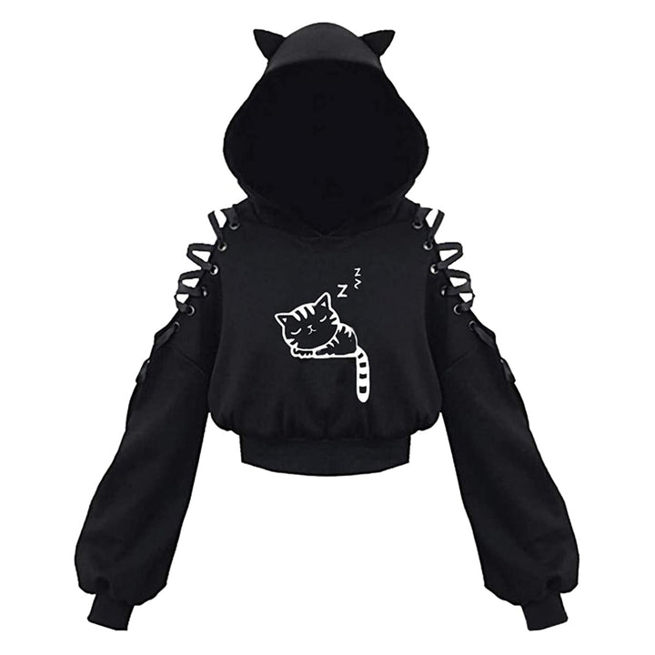 Zwarte CatHoodie™ voor dames, zacht en comfortabel materiaal; ideale casual trui met kattenoren.