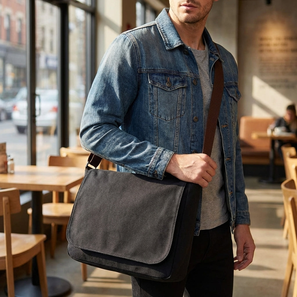Zwarte duurzame EverTote canvas schoudertas, perfect als ruime messenger bag voor dagelijks gebruik of werk.