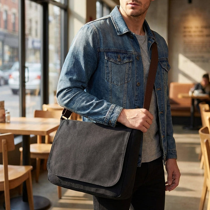 Zwarte duurzame EverTote canvas schoudertas, perfect als ruime messenger bag voor dagelijks gebruik of werk.