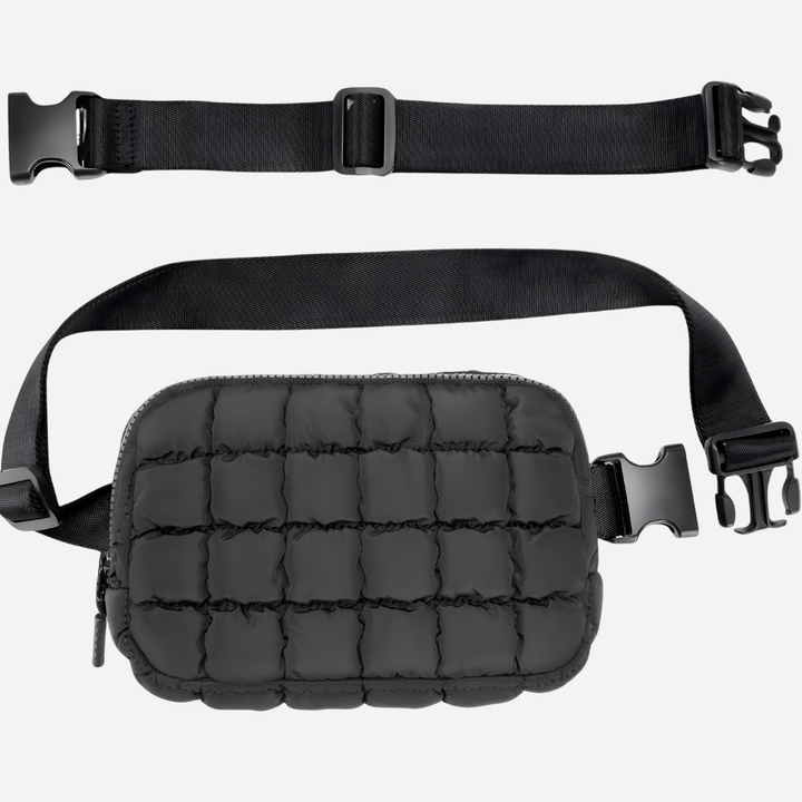 Gedetailleerde weergave van de zwarte gequilte dames mini tas met glanzende textuur en stevige verstelbare schouderriem.