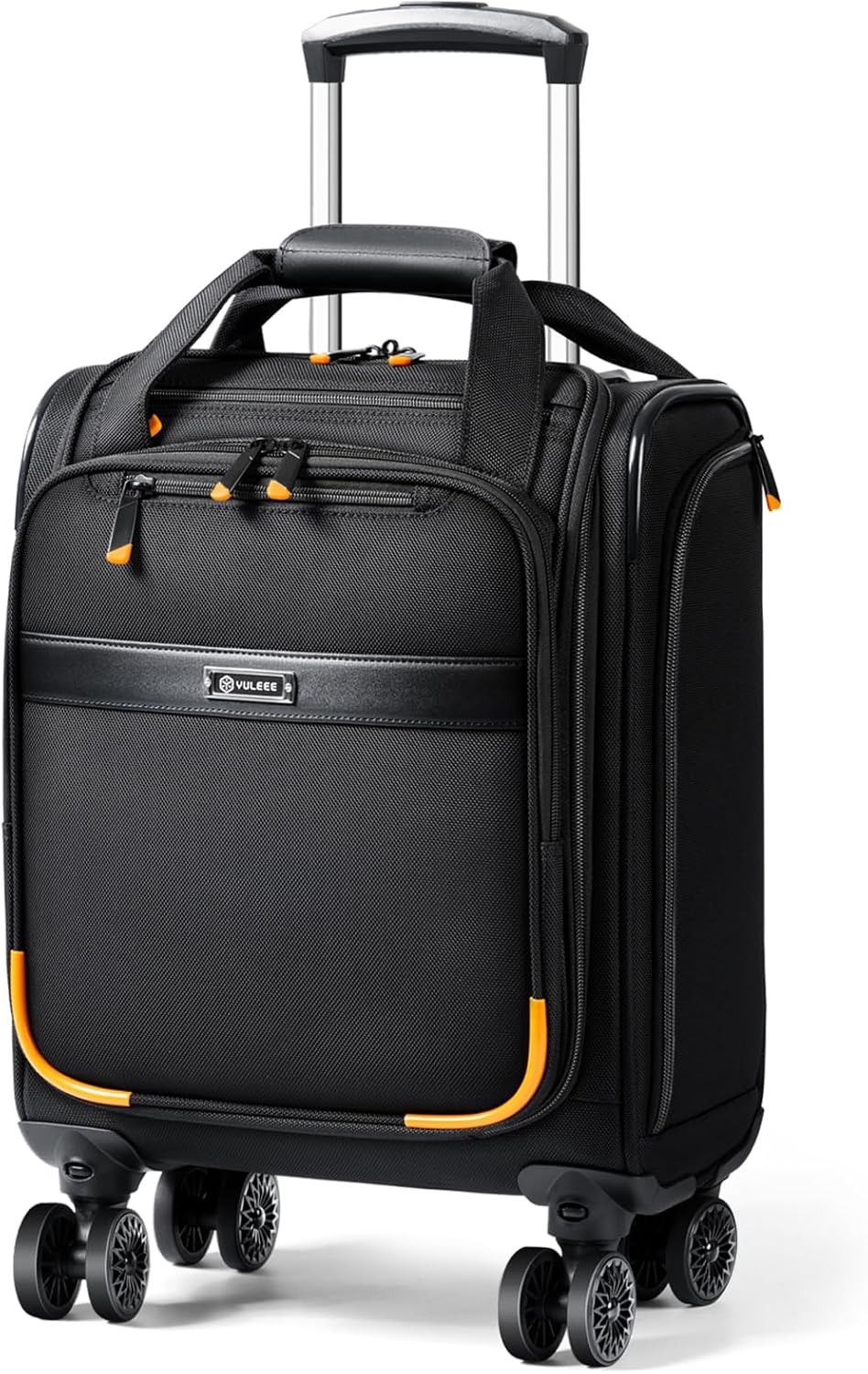 Zwarte handbagage trolley met soepele spinnerwielen en beschermend laptopvak.