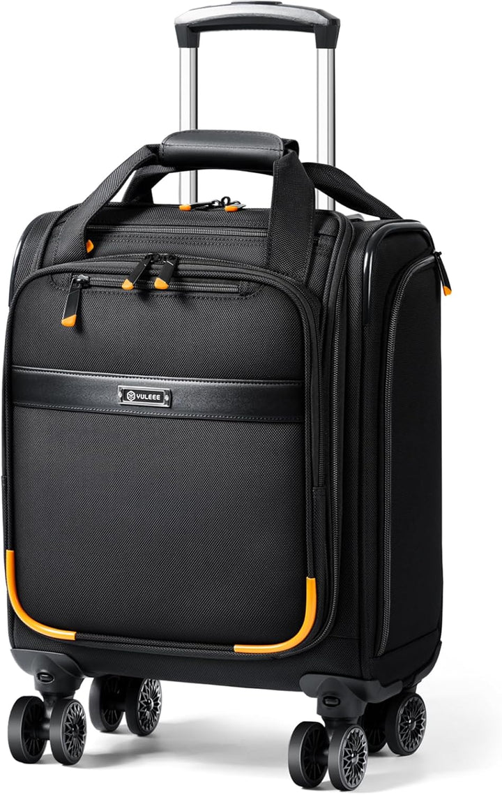 Zwarte handbagage trolley met soepele spinnerwielen en beschermend laptopvak.