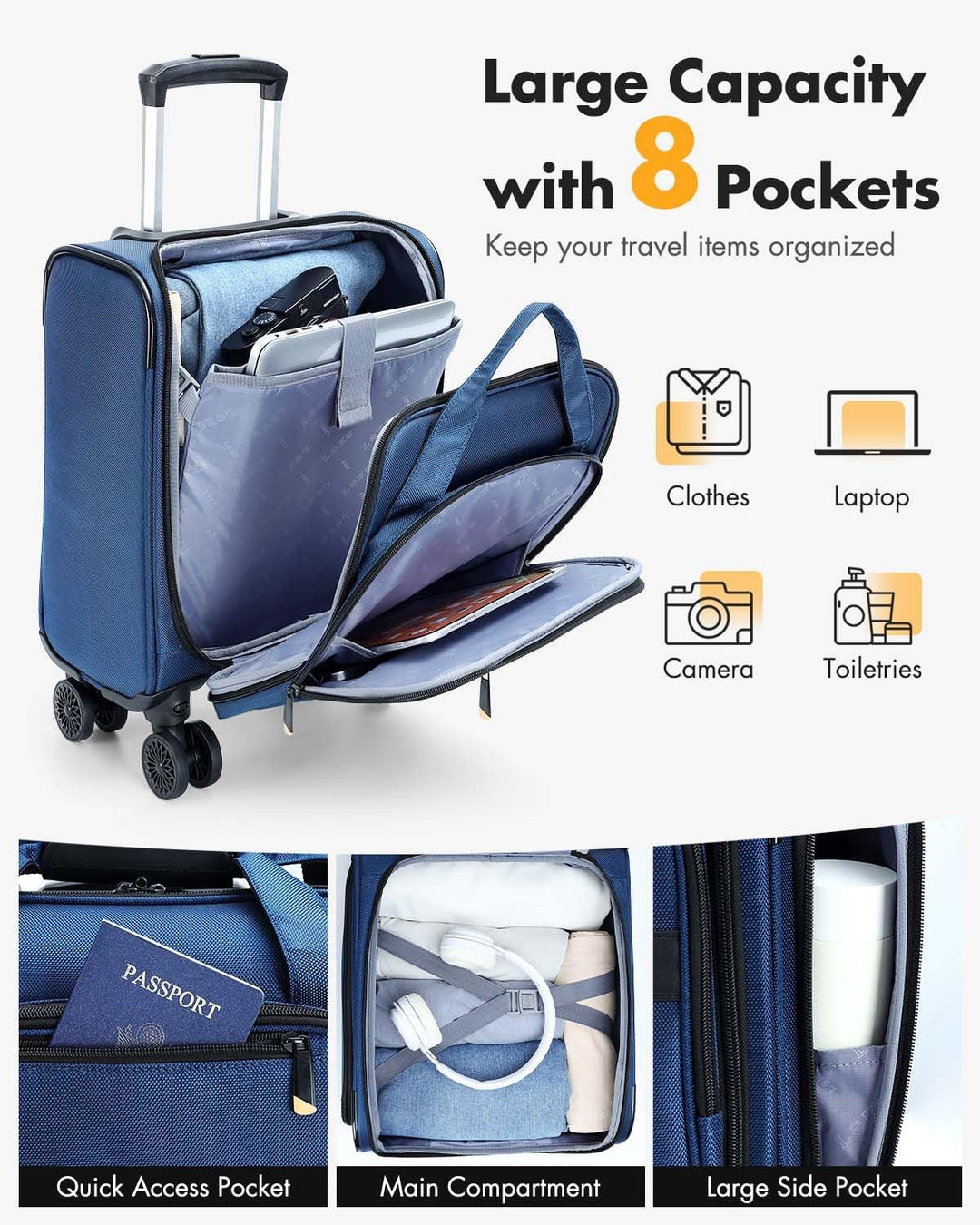 Handige cabin bagage trolley met 360° spinnerwielen en geïntegreerd laptopcompartiment.