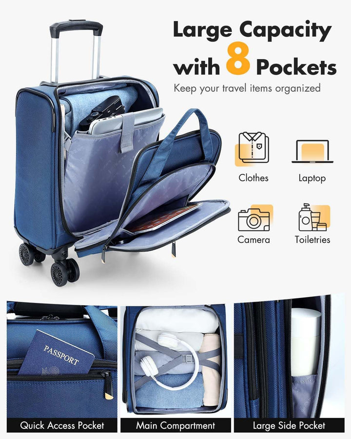 Handige cabin bagage trolley met 360° spinnerwielen en geïntegreerd laptopcompartiment.
