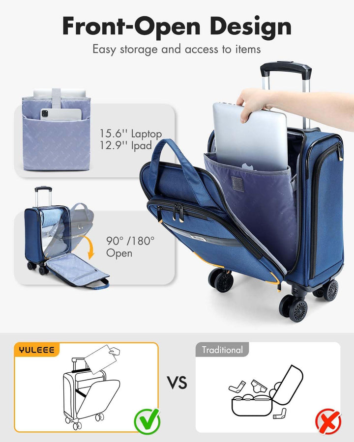 Compacte handbagage trolley onder stoel, met handig laptopvak voor snelle toegang.