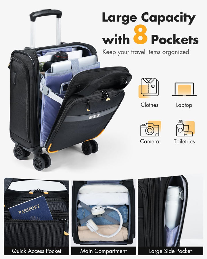 Duurzame handbagage trolley met stille spinnerwielen en speciaal laptopvak voor uw reis.