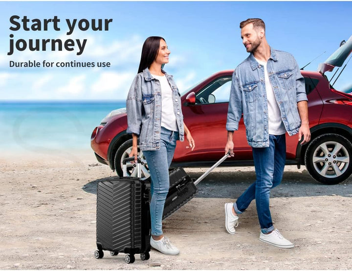 Moderne zwarte compacte handbagage koffer met harde schaal en handige 360° spinnerwielen.