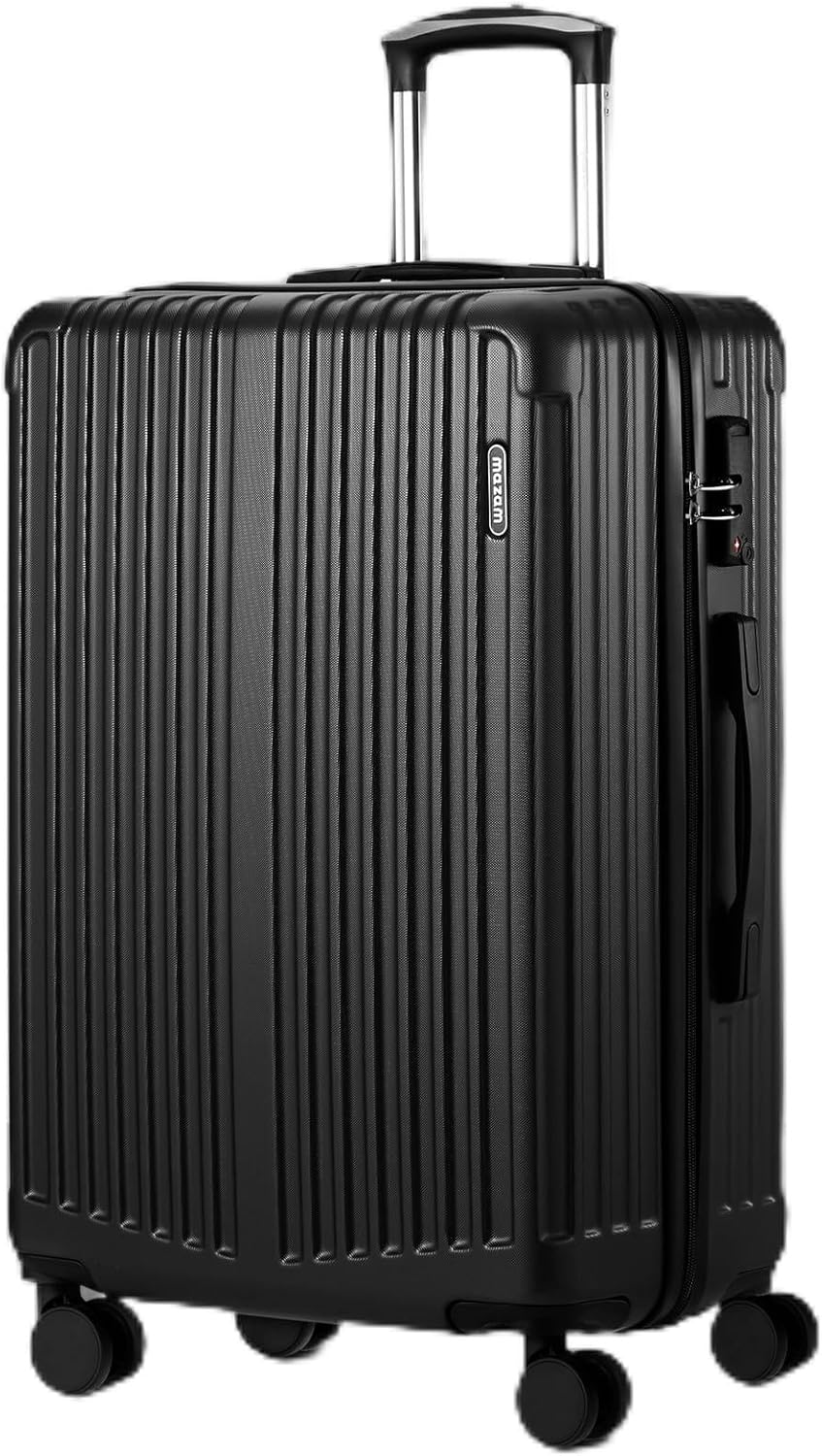 Zwarte harde schaal reiskoffer 28 inch met 360° spinnerwielen en TSA-slot voor veilige vakantiereizen.