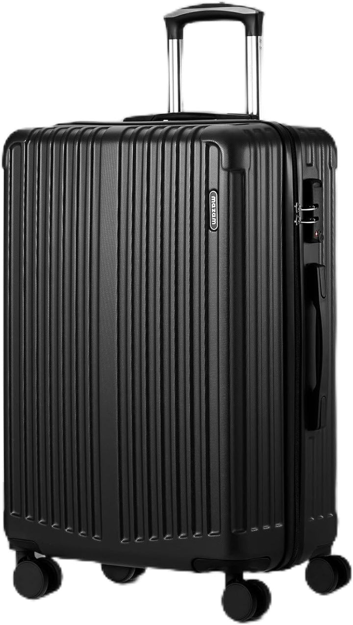 Zwarte harde schaal reiskoffer 28 inch met 360° spinnerwielen en TSA-slot voor veilige vakantiereizen.