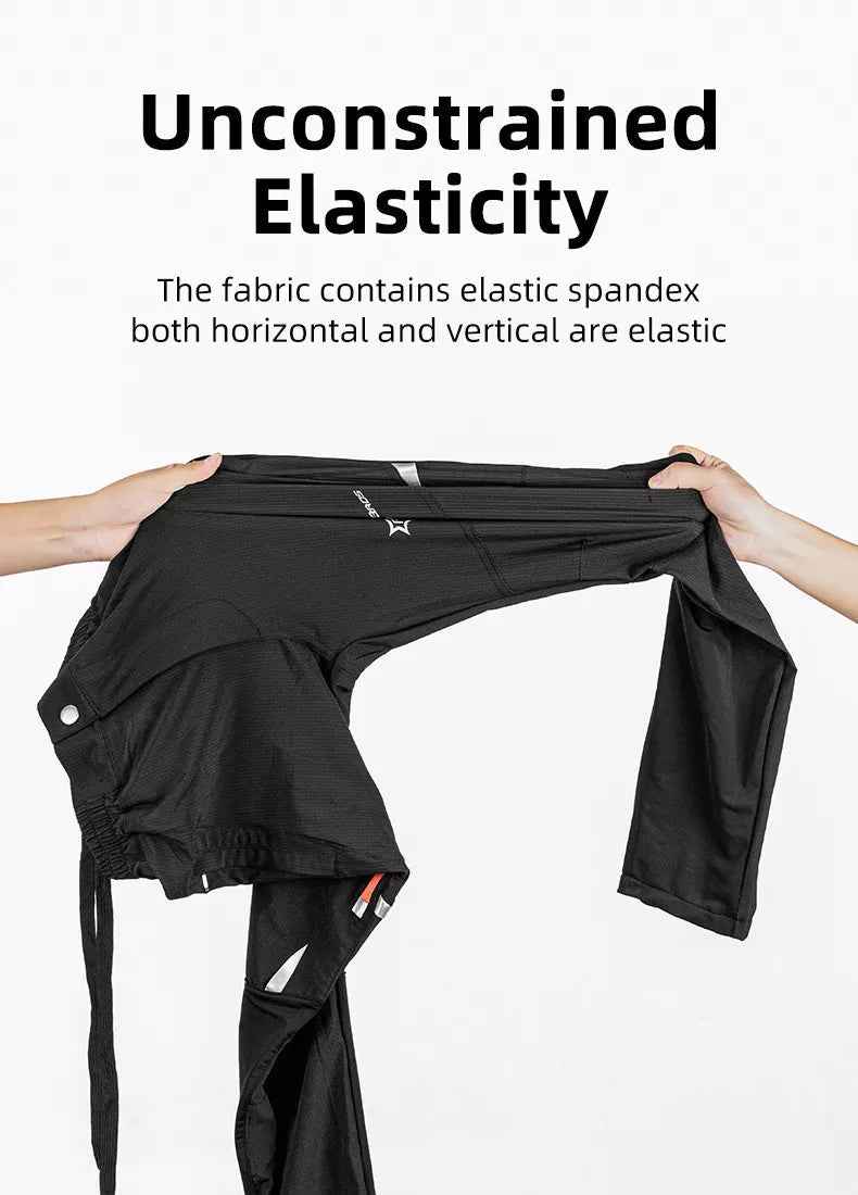 Close-up ademende stof van zwarte heren fietsbroek, comfortabel en duurzaam voor elke rit.