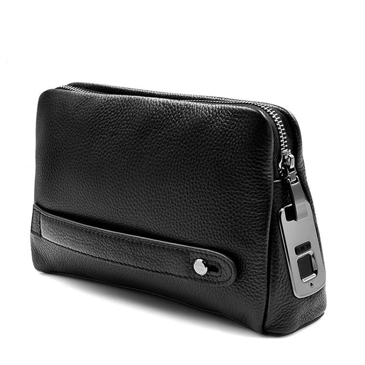 Zwarte leren heren clutch met anti-diefstal vingerafdrukslot, ideaal voor veilige opslag en zakelijk gebruik.