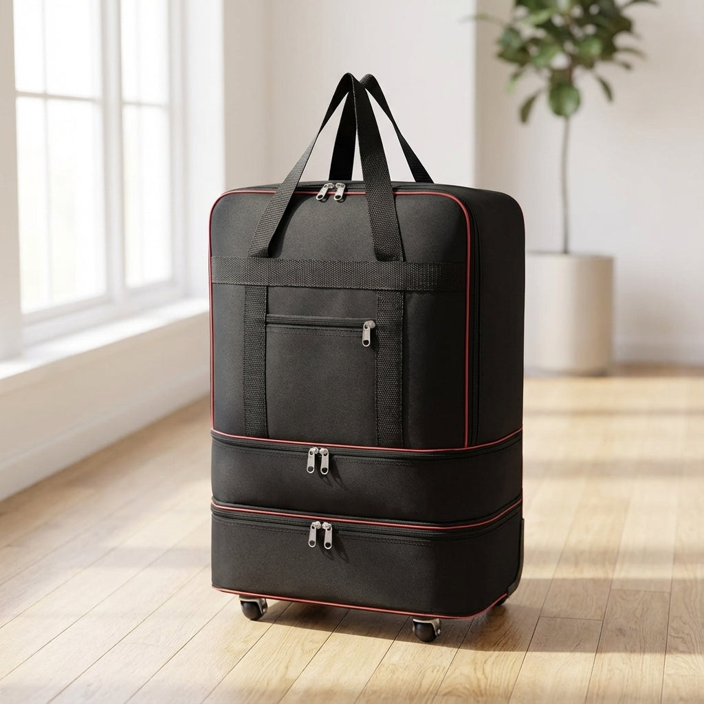 Zwarte opvouwbare reistas met wielen (RollPacko), compacte duffel voor flexibel reizen en makkelijk opbergen.