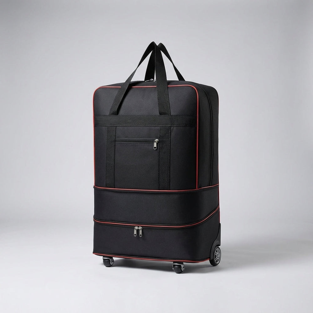 Uitbreidbare zwarte duffel met wielen, ideale opvouwbare bagage voor reizen, eenvoudig op te bergen.