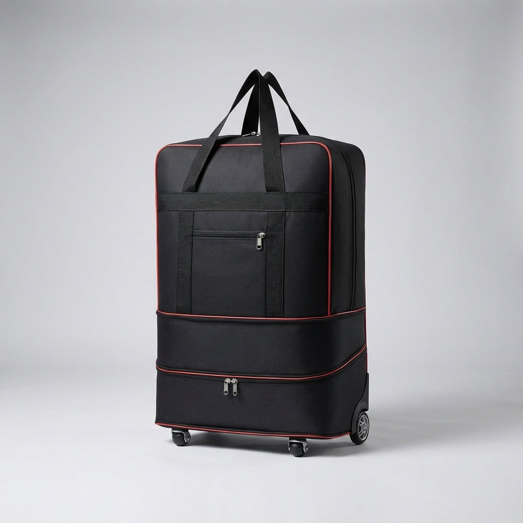 Uitbreidbare zwarte duffel met wielen, ideale opvouwbare bagage voor reizen, eenvoudig op te bergen.