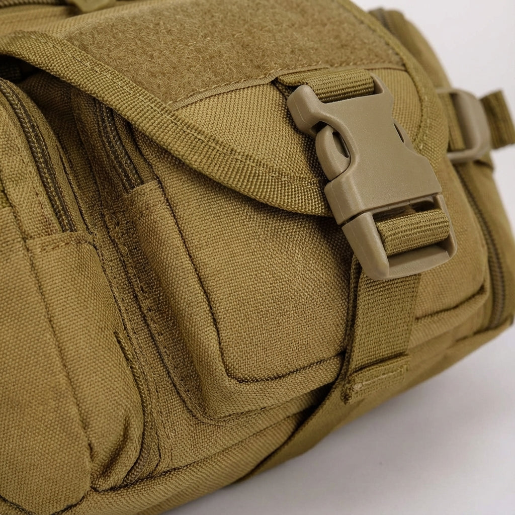 PackForge zwarte tactische riemtas met waterdichte ritsen en ruim interieur, geschikt voor outdoor.