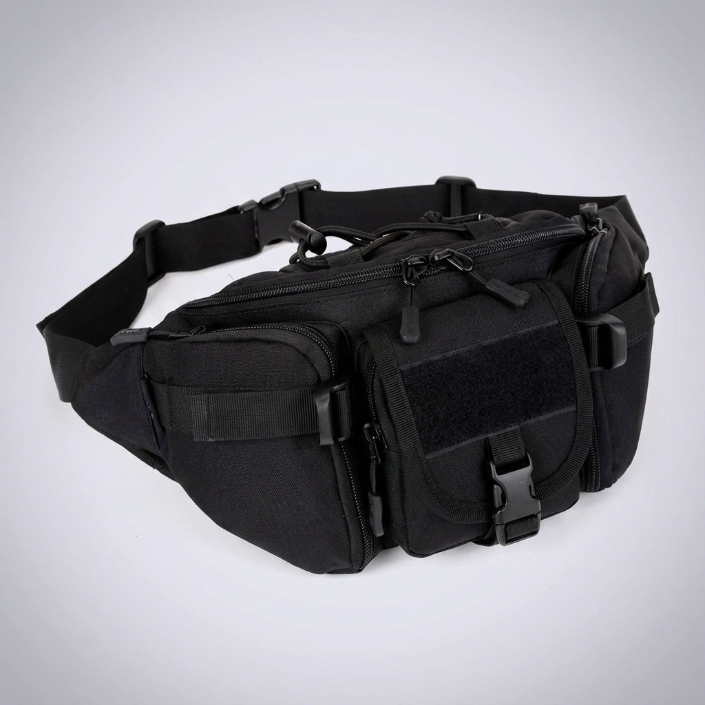 Unisex tactische heuptas in zwart, waterdicht en comfortabel, perfect voor diverse outdoor activiteiten.