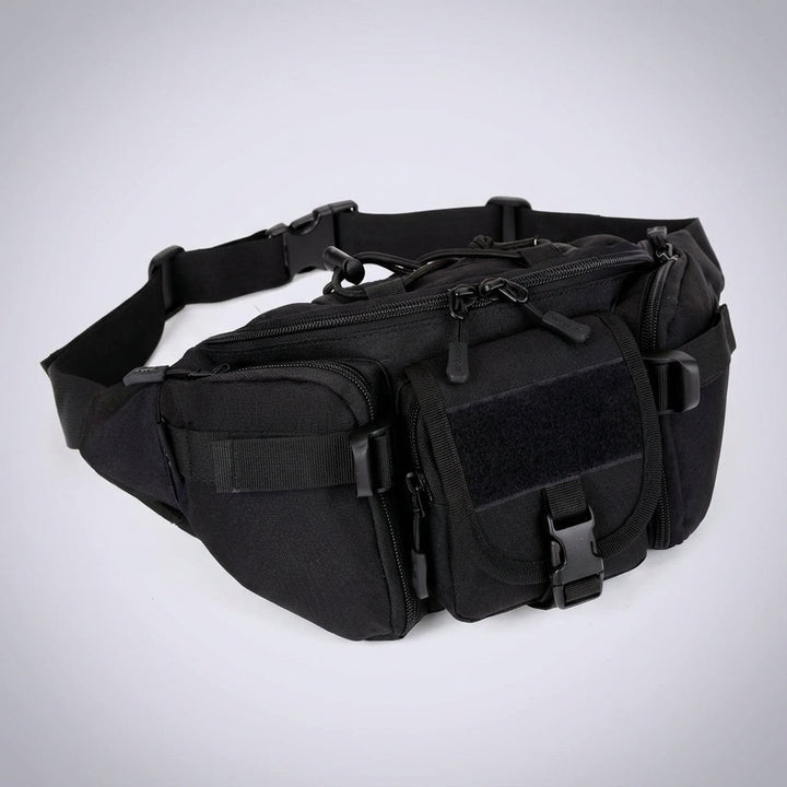 Unisex tactische heuptas in zwart, waterdicht en comfortabel, perfect voor diverse outdoor activiteiten.