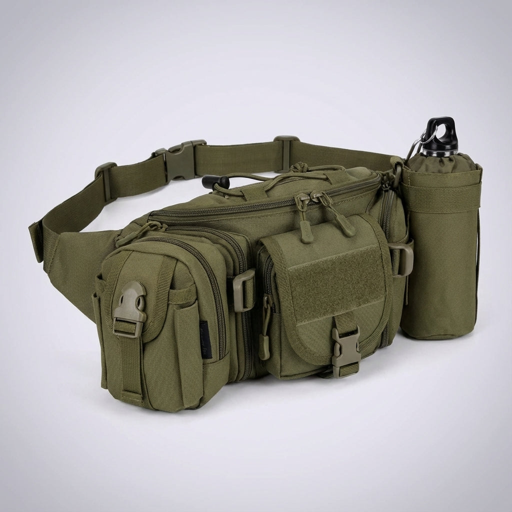 PackForge waterdichte MOLLE heuptas voor avonturiers, robuust en functioneel, ideaal voor tactisch outdoor gebruik.