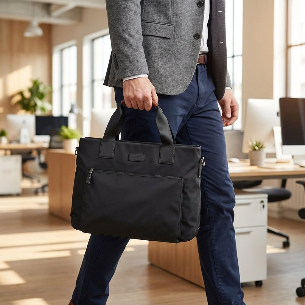 Zwarte stijlvolle ShieldBag laptoptas van duurzaam Oxford voor heren en dames; perfect als businesstas of reistas.