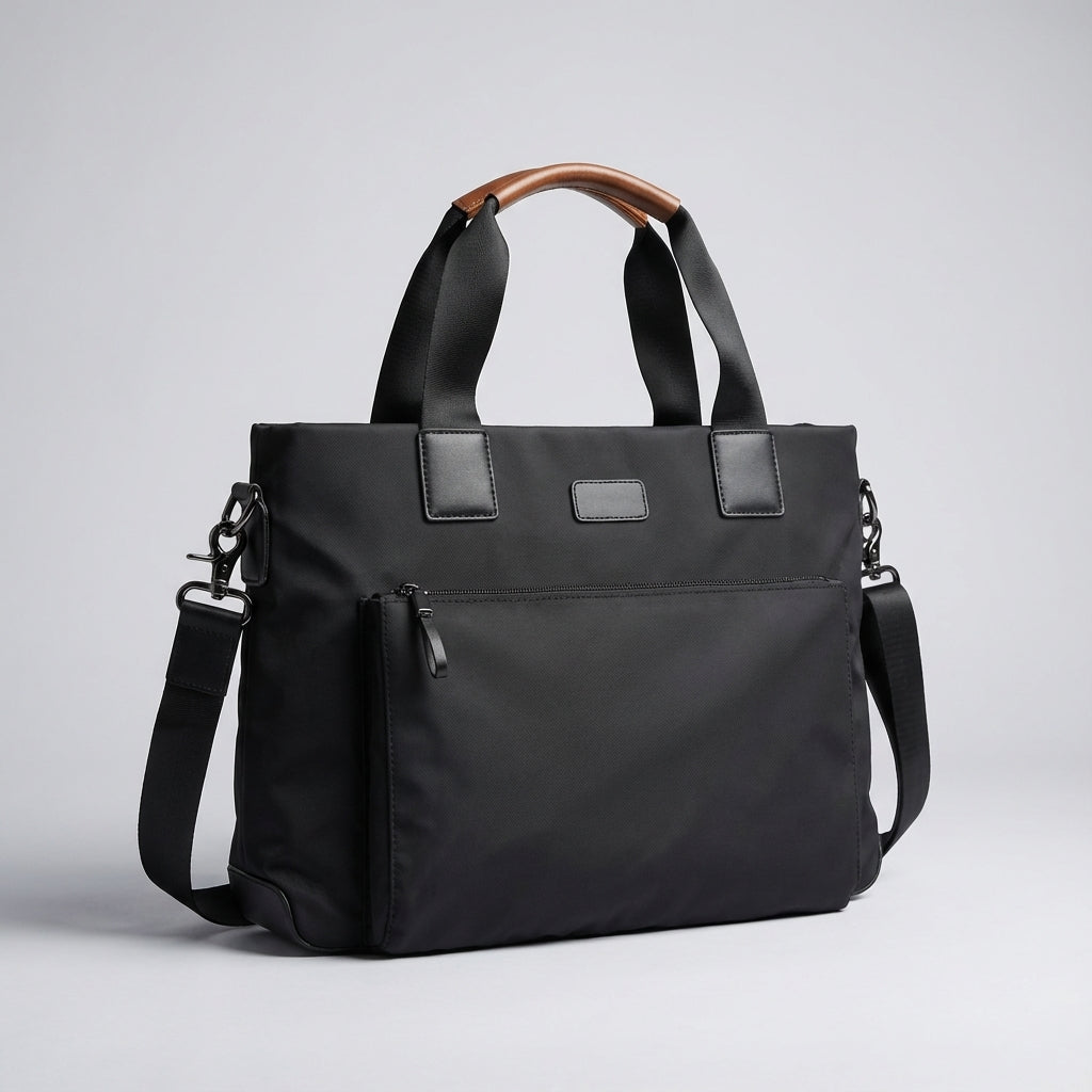 Unisex zwarte ShieldBag aktetas/schoudertas van duurzaam Oxford, biedt veilige organisatie voor je laptop en accessoires.