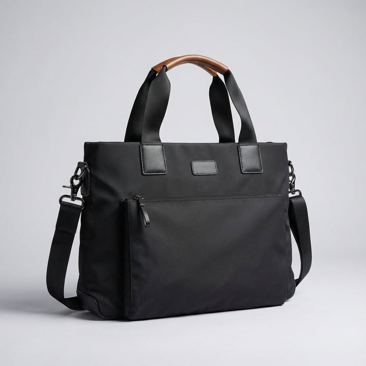 Unisex zwarte ShieldBag aktetas/schoudertas van duurzaam Oxford, biedt veilige organisatie voor je laptop en accessoires.